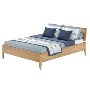 Metallfreies Doppelbett aus Buchenholz 160x200 mit konischen Füßen. Bettwäsche und Kissen inklusive.