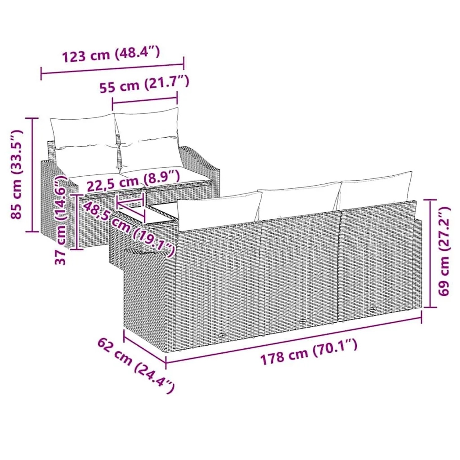 vidaXL Gartenmöbel-Set, 6-teilig, schwarz, Poly-Rattan, mit Maßangaben.