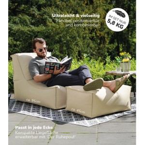 Beiger mokebo Sitzsack Sundowner mit Hocker für Garten oder Balkon.
