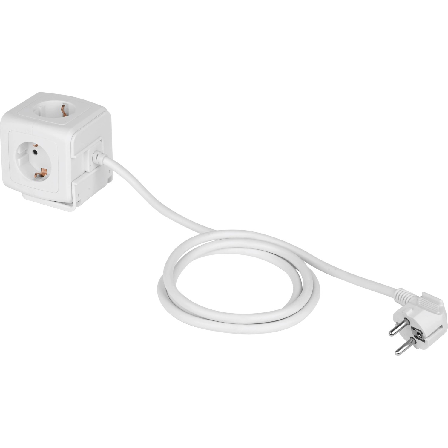 Weißer Steckdosenwürfel mit 4 Steckdosen und 2 USB-Anschlüssen.