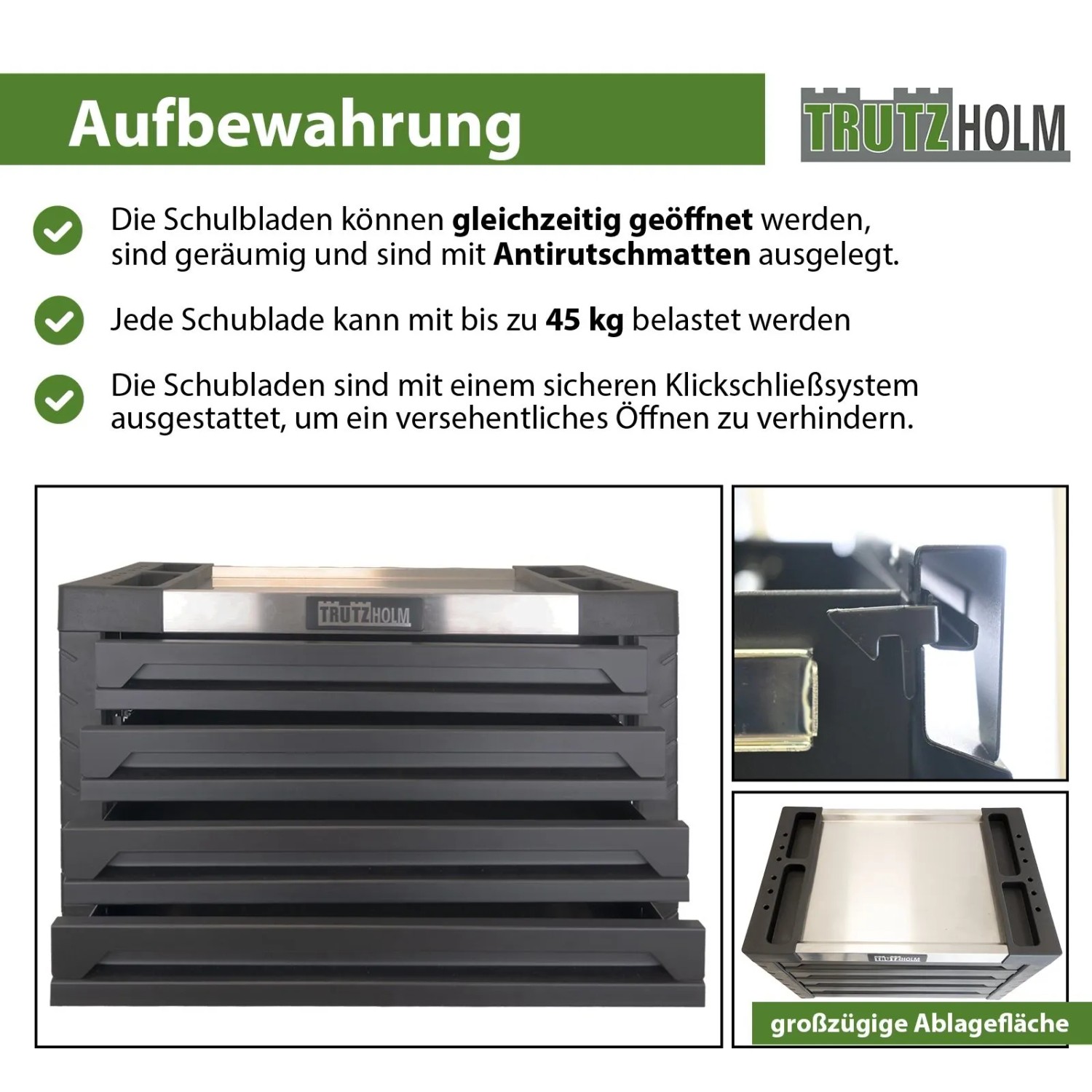 Schwarze TRUTZHOLM Werkzeugkiste mit 4 Schubladen, leer. Werkstattwagen Aufsatz.