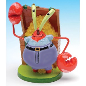 Pennplax SpongeBob Mr. Krabs Dekofigur (5 cm) für Aquarien, vor Schatzkiste.