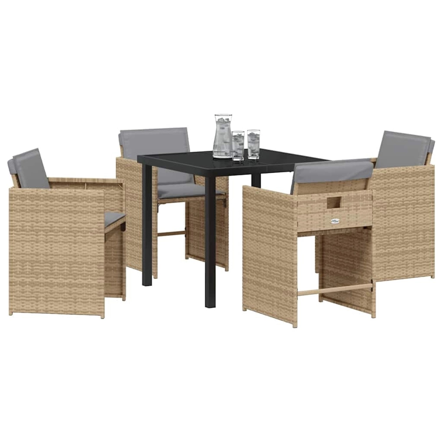 Beige 5-tlg. Garten Essgruppe aus Polyrattan mit Tisch und Stühlen mit grauen Auflagen.