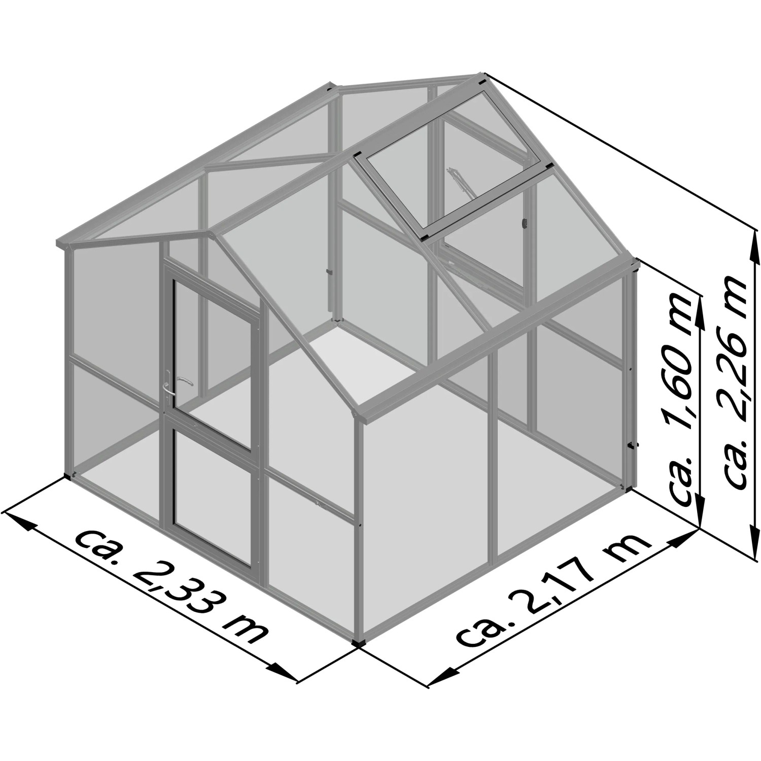 KGT Gewächshaus Iris II, tannengrün, 2,33x2,17m, mit Dachfenster und Tür, Maße dargestellt.
