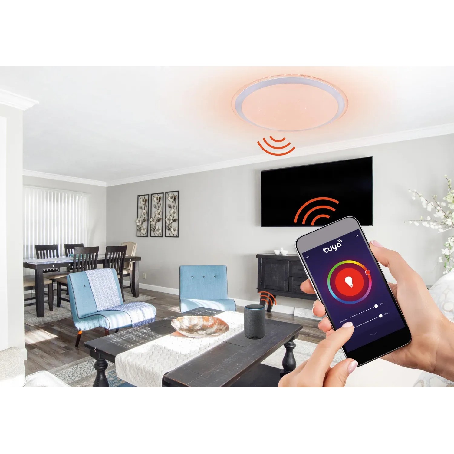 Smarte, dimmbare LED-Deckenleuchte Carry von Globo, gesteuert per App in Wohnraum-Szene.