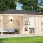 Alpholz 5-Eck Gartenhaus Liwa mit Walmdach, unbehandelt, 575x274 cm. Holz-Gartenhaus mit Terrasse und Glas-Schiebetüren.