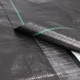 Detailaufnahme von schwarzem Unkrautvlies/Gartenvlies mit grünen Streifen und Gewebeklebeband.