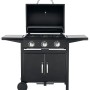 Schwarzer tepro Gasgrill Mayfield mit 3 Brennern, offenem Deckel und Seitentischen.