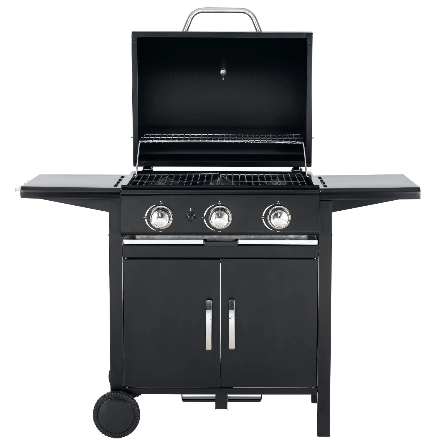 Schwarzer tepro Gasgrill Mayfield mit 3 Brennern, offenem Deckel und Seitentischen.
