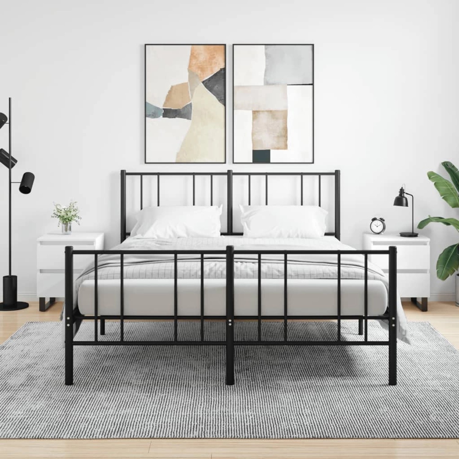 Zwei weiße vidaXL Nachttische aus Holzwerkstoff, je mit zwei Schubladen.