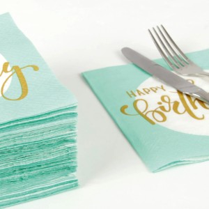 Bestlivings Servietten, 20er Pack, mintgrün mit "Happy Birthday" in Golddruck. 3-lagig, 33x33 cm.