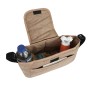 Beige Haustierwagen-Tasche mit Fächern für Getränke und Snacks, zur Befestigung am Kinderwagen.