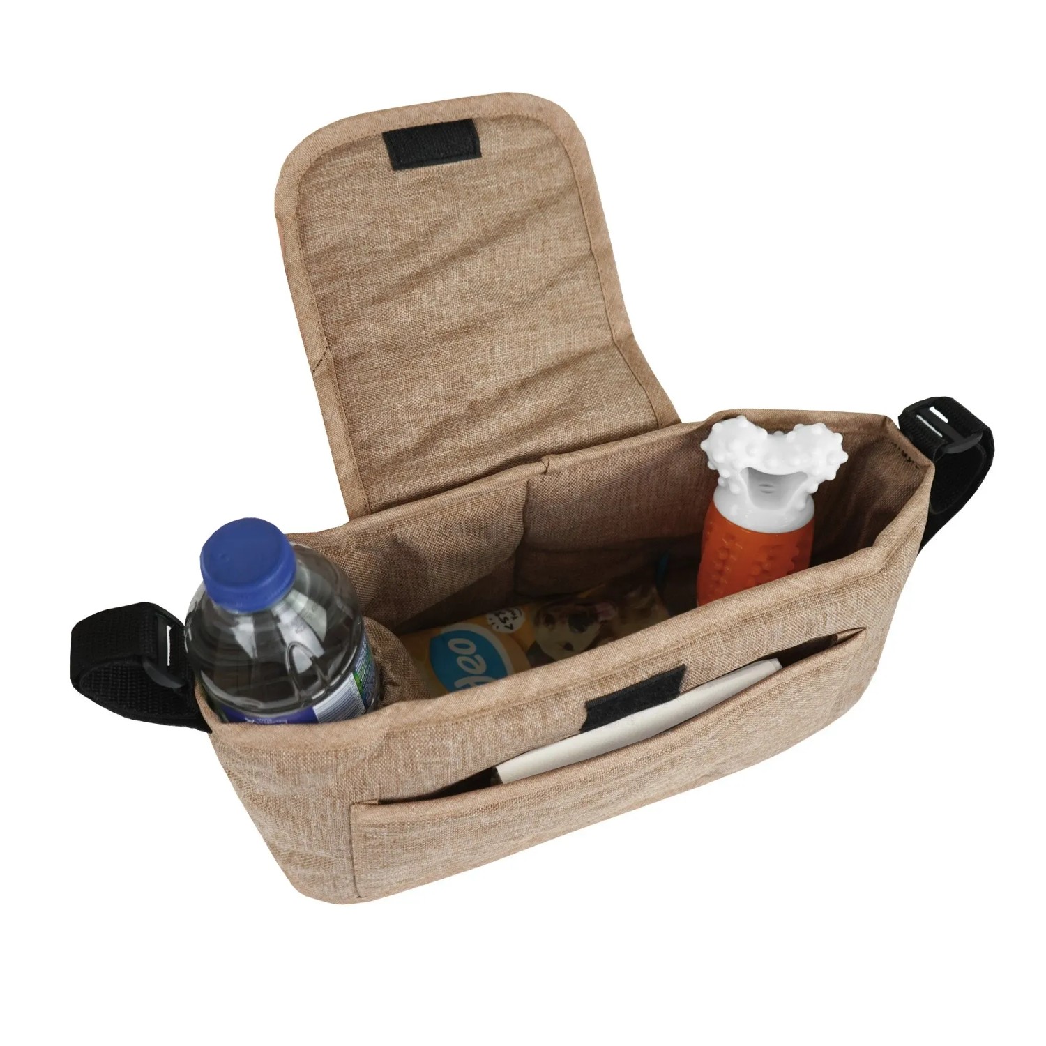 Beige Haustierwagen-Tasche mit Fächern für Getränke und Snacks, zur Befestigung am Kinderwagen.