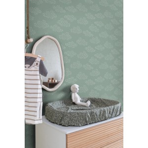 ESTAhome Vliestapete mit kleinen weißen Wolken auf blaugrünem Grund im Kinderzimmer. Dekorative Tapete.