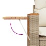 Detailaufnahme: Beige Garten-Sofagarnitur mit ausklappbarem Akazienholz-Tisch.