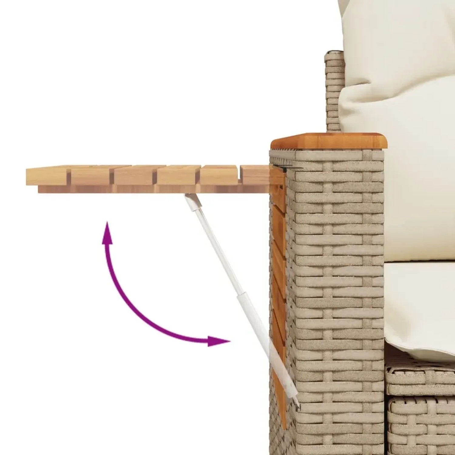 Detailaufnahme: Beige Garten-Sofagarnitur mit ausklappbarem Akazienholz-Tisch.