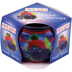 HS Candle Duftkerze Mixed Berries 6er-Pack im Glas mit Erdbeer- und Blaubeermotiv.