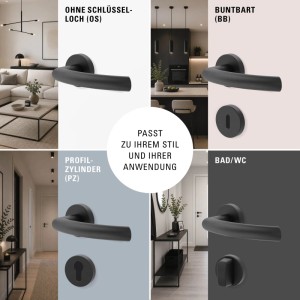 Novadoors Nova Amico Smart2Lock Türgriffgarnitur Schwarz. Vier Varianten für Innentüren: ohne Schlüsselloch, Buntbart, Profilzylinder, Bad/WC.