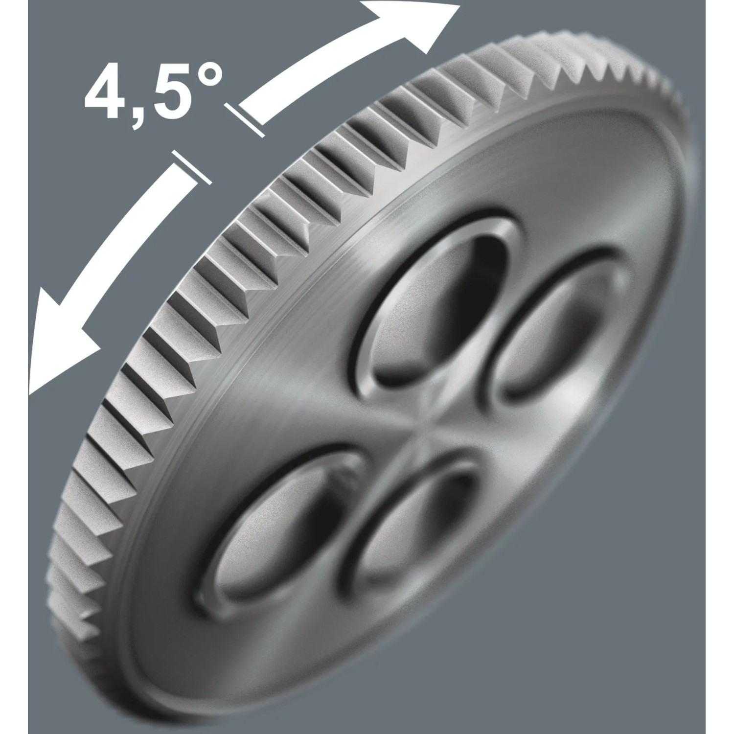 Detailaufnahme der Ratsche des Wera Kraftform Kompakt 400 RA Schraubendreher-Sets mit 4,5° Drehwinkel.