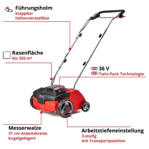 Einhell Akku-Vertikutierer GC-SC 36/31 Li-Solo: Elektro-Vertikutierer in Rot und Schwarz mit verstellbarem Holm.