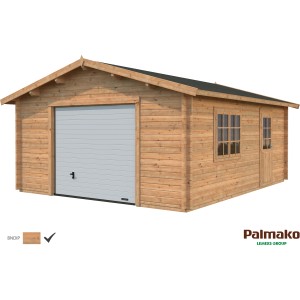 Palmako Holzgarage Roger, braun tauchgrundiert, mit Sektionaltor, Fenster und Tür.