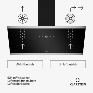 Klarstein FlashLine Dunstabzugshaube, 90cm, schwarz, mit Touch-Bedienfeld und LED-Beleuchtung.