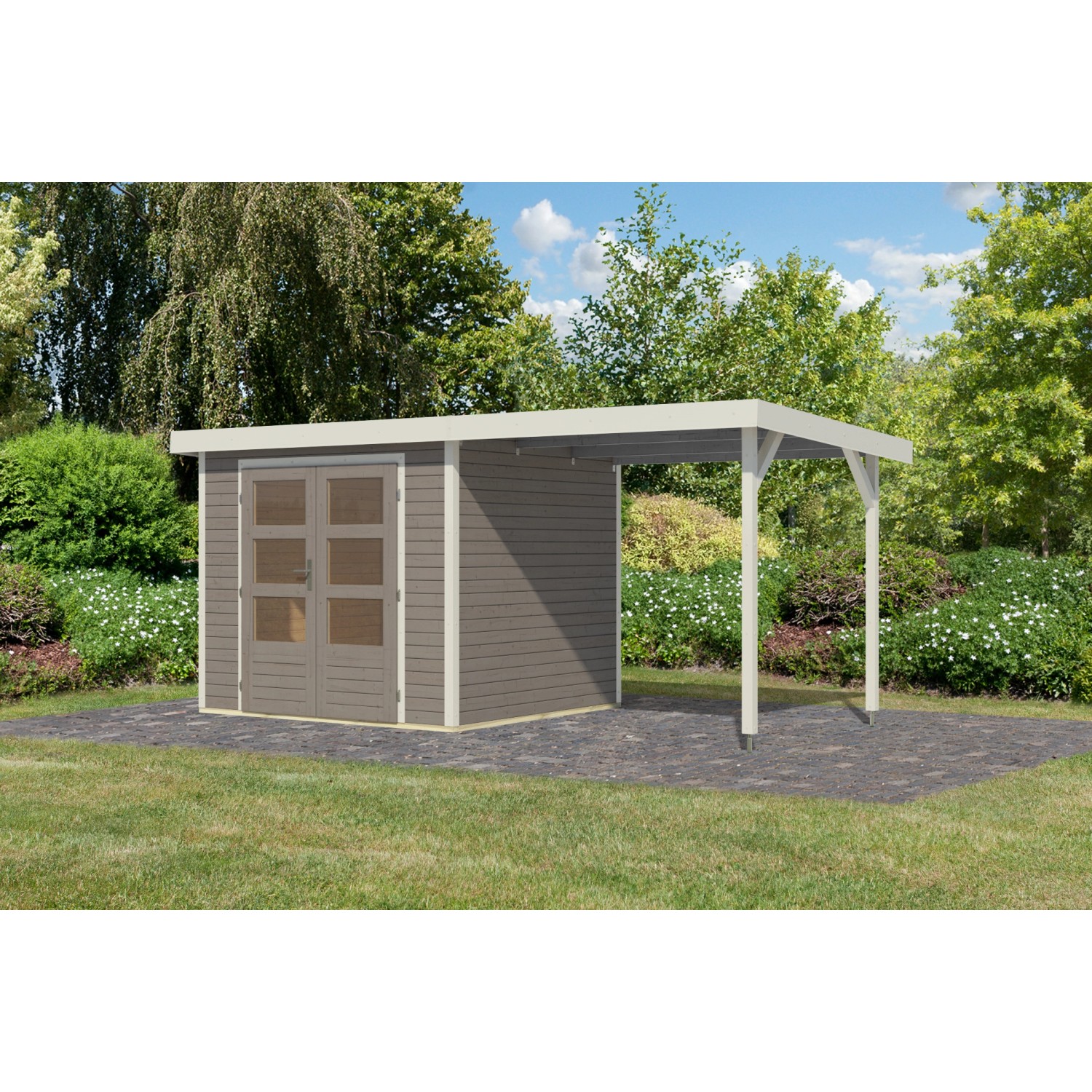Karibu Gartenhaus Ernesto 3 D m. Anbaudach Wassergrau/Weiß 209 x 238 x 213 günstig online kaufen