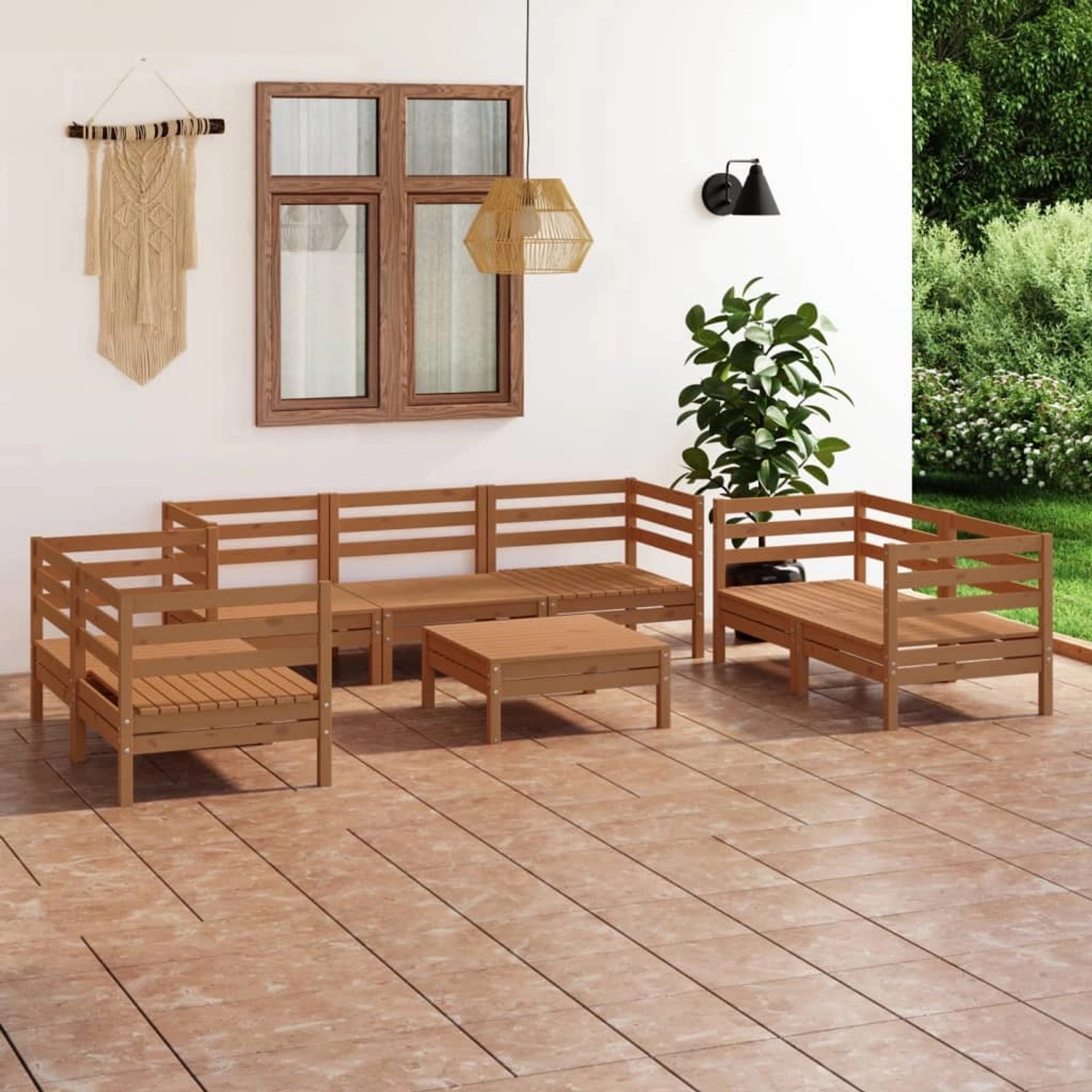 8-tlg. Garten Lounge Set Honigbraun aus Kiefernholz mit Sofa, Sesseln und Tisch.