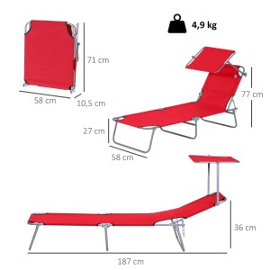 Rote Outsunny Gartenliege aus Metall, faltbar, mit verstellbarer Rückenlehne und Sonnendach. Zeigt Maße.