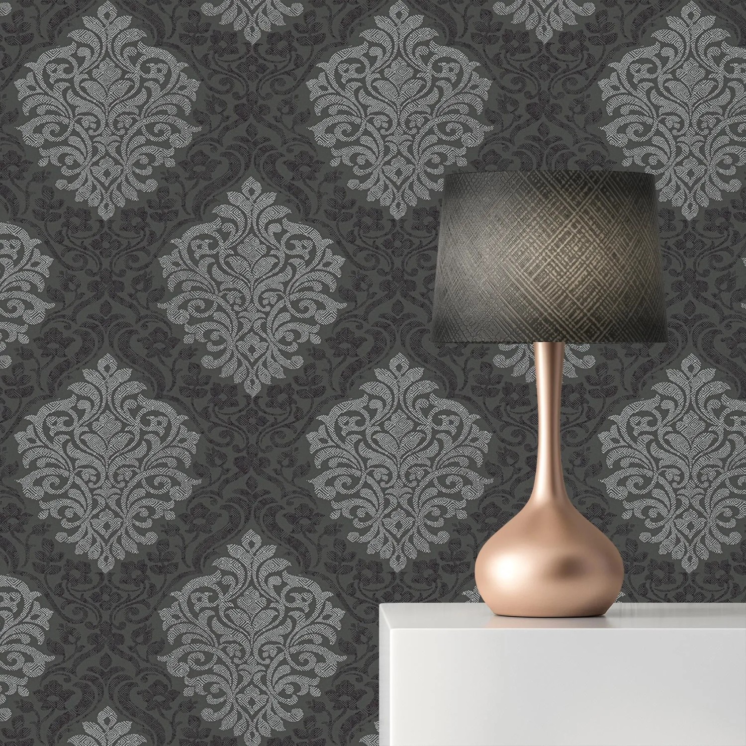 Tadessi Barock Tapete Jacopo M1 No 2308, silber-schwarz, mit Ornament Muster.