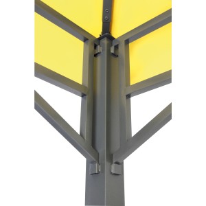 Detailansicht des gelben tepro Pavillon Lehua (330x330 cm) mit Fokus auf die Konstruktion.