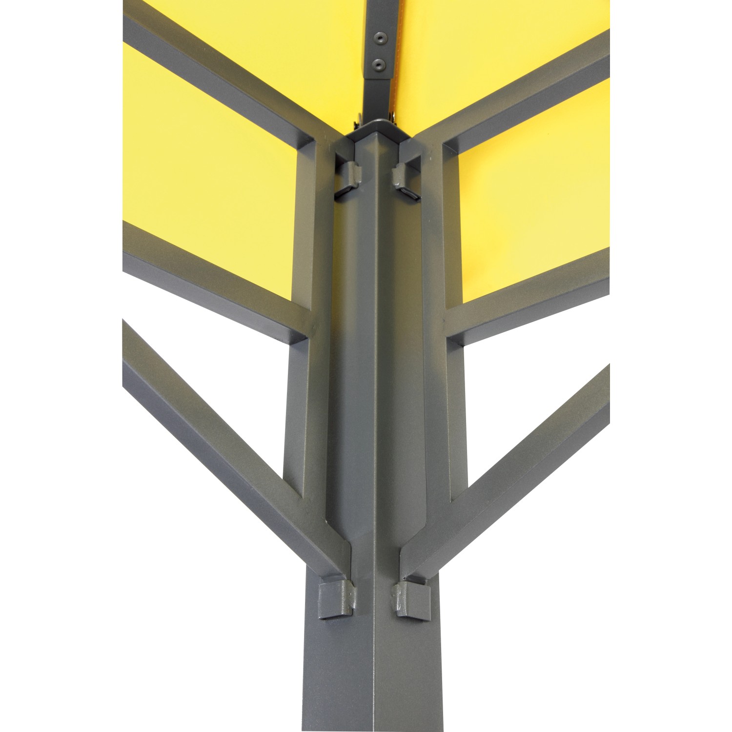 Detailansicht des gelben tepro Pavillon Lehua (330x330 cm) mit Fokus auf die Konstruktion.