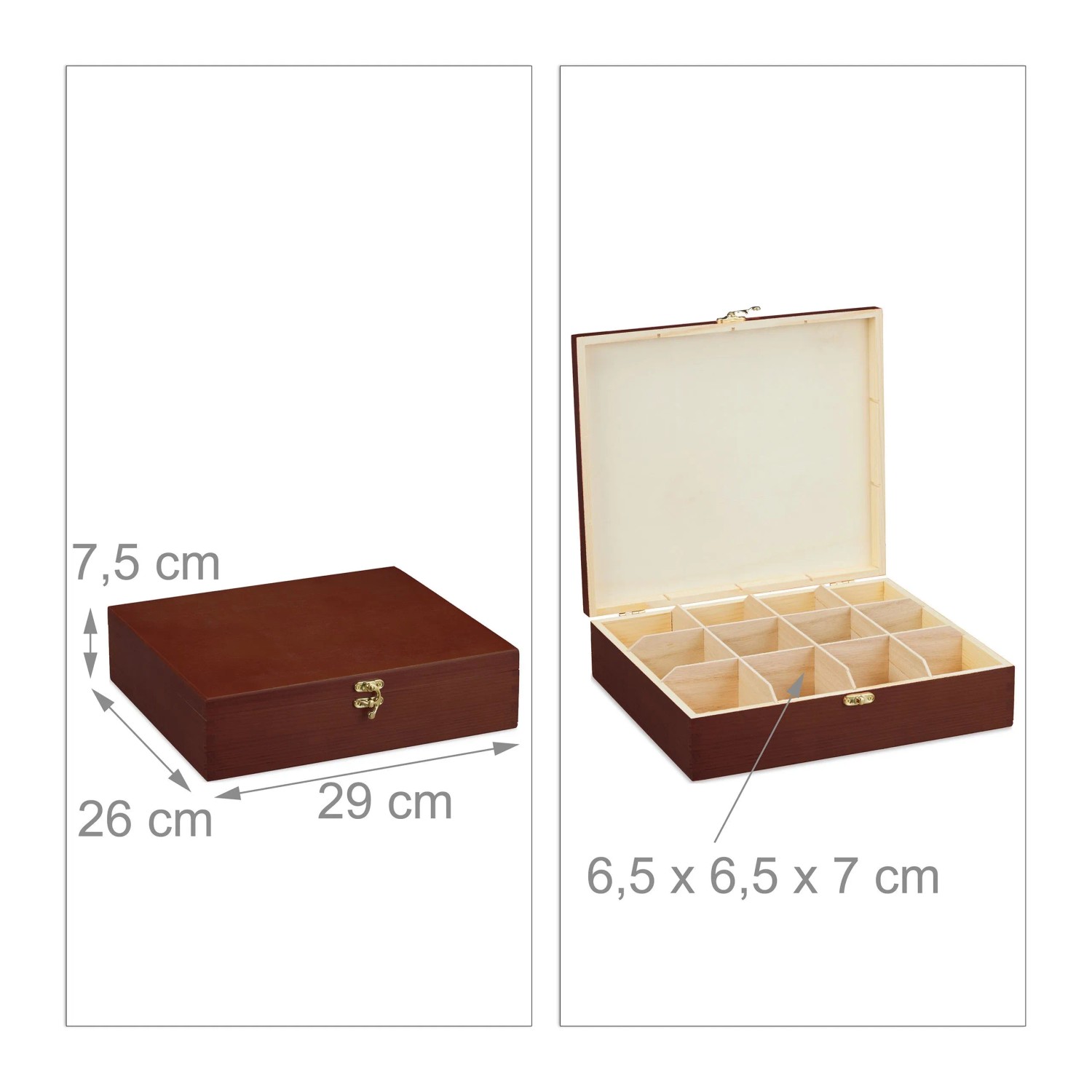 Dunkelbraune Relaxdays Teebox aus Holz mit 12 Fächern, geschlossen und geöffnet.