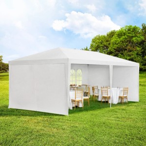 Weißes Juskys Partyzelt 3x6m mit Seitenwänden im Garten, ausgestattet mit Tischen und Stühlen.