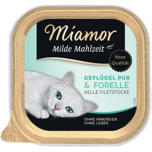 Miamor Milde Mahlzeit Geflügel & Forelle, 100g Katzen-Nassfutter im Napf.