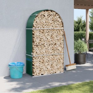 Grüner vidaXL Kaminholzunterstand aus verzinktem Stahl, gefüllt mit Holzscheiten.