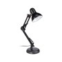 Schwarze Metall-Schreibtischlampe mit schwenkbarem Gelenkarm und rundem Fuß im Industrial Design.