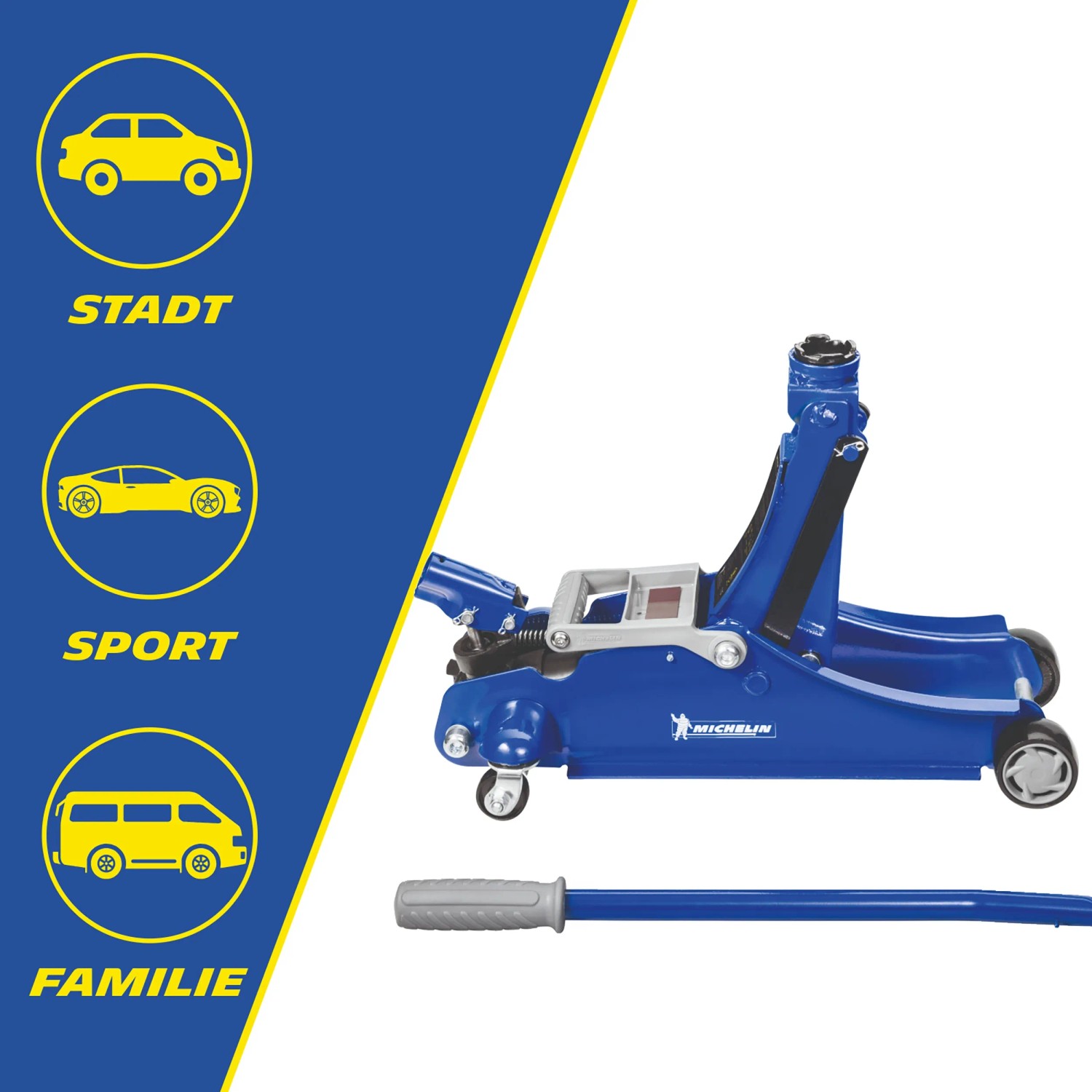Blauer Michelin Hydraulik-Wagenheber 2.000 kg mit Hebelstange für Autoreparatur.