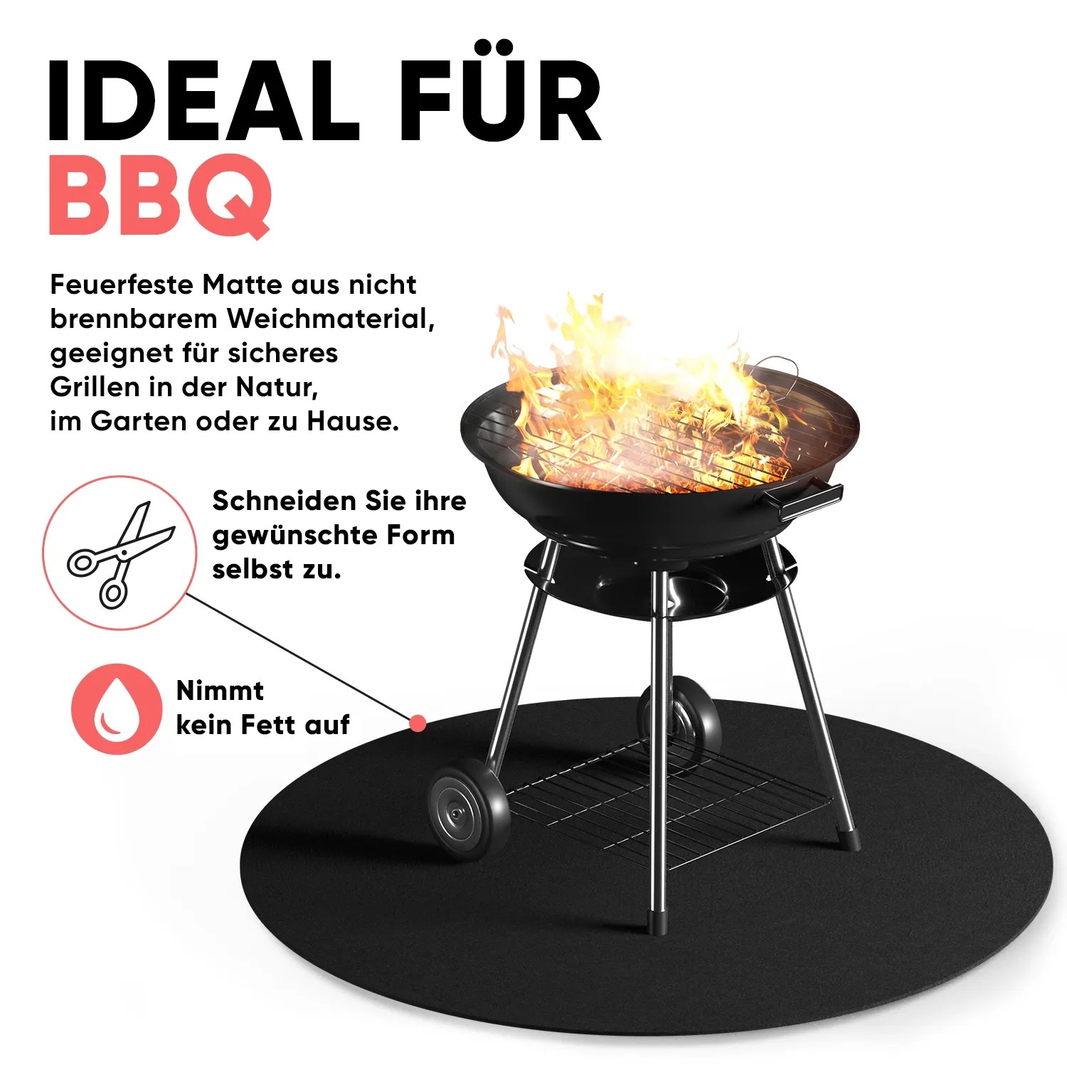 Schwarze, feuerfeste Grillunterlage (100x100 cm) unter einem Grill. Brandschutzmatte für sicheres Grillen.