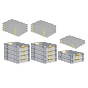 PROREGAL Spar Set: 10 graue Euroboxen mit gelben Griffen und Auflagedeckel, gestapelt.