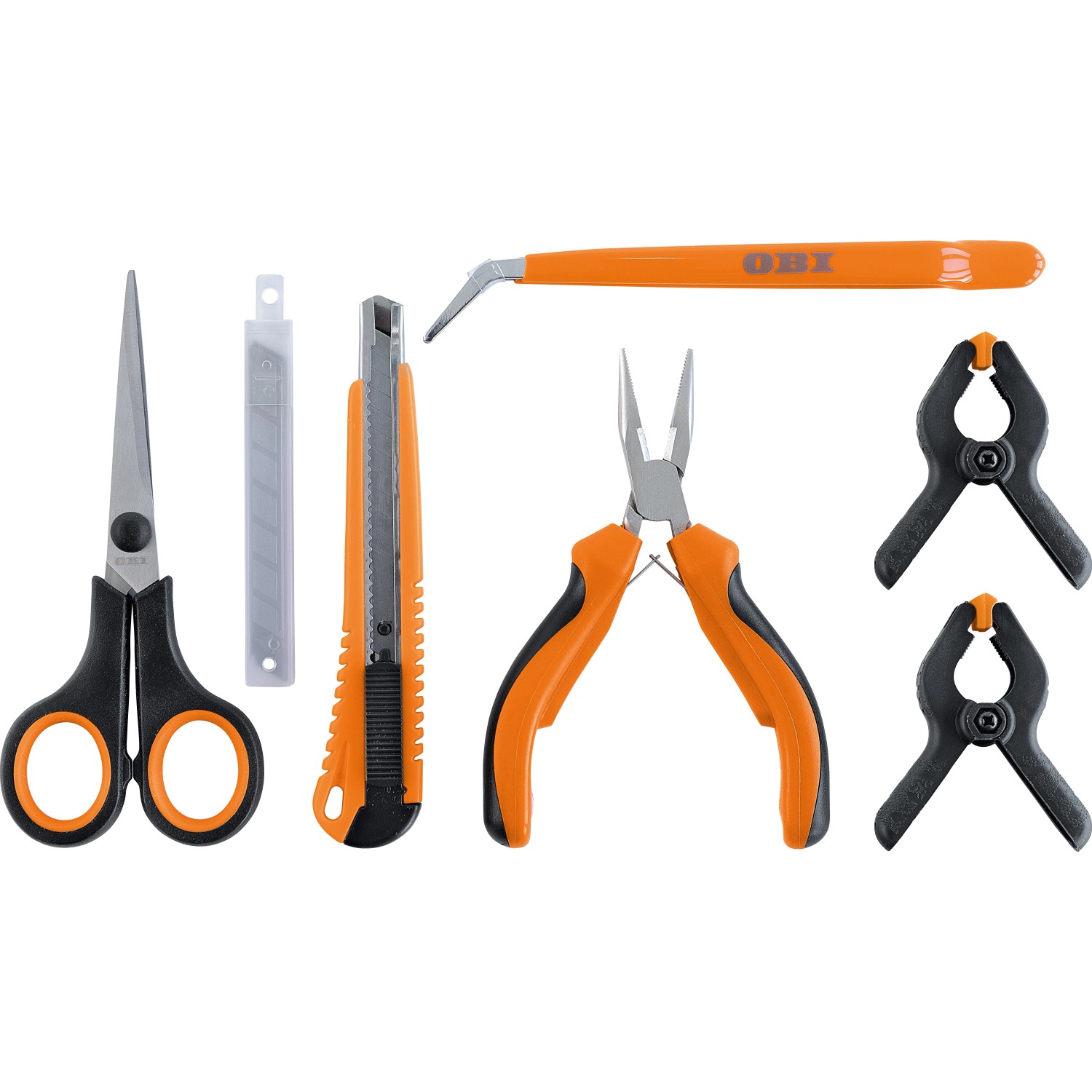 OBI Werkzeug-Adventskalender: Werkzeugset mit Schere, Cutter, Pinzette, Zange und Klemmen.