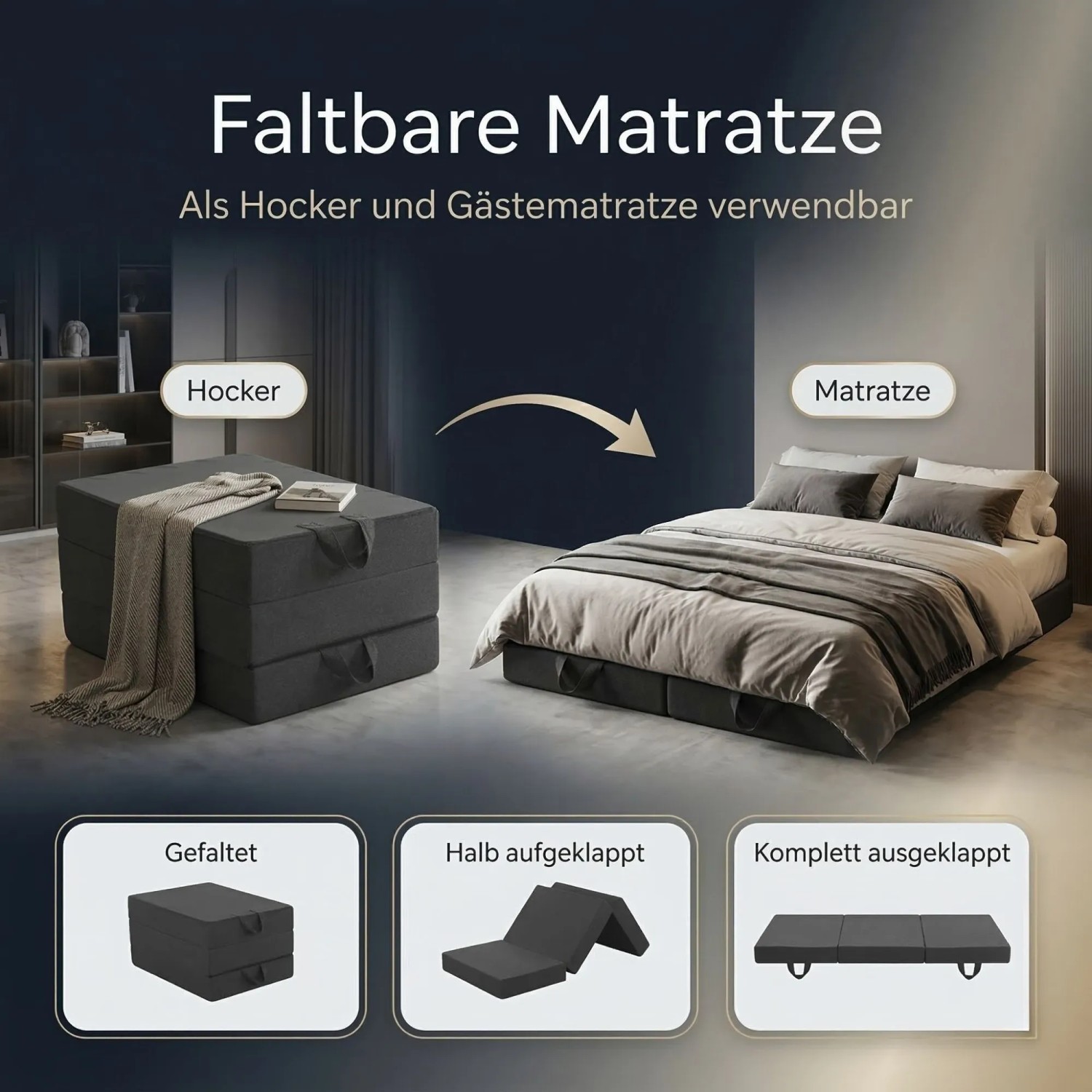 Arensberger Klappmatratze Amalia, dunkelgrau, als Hocker und ausgeklappte Gelschaum-Matratze gezeigt. Flexibel für Gäste.