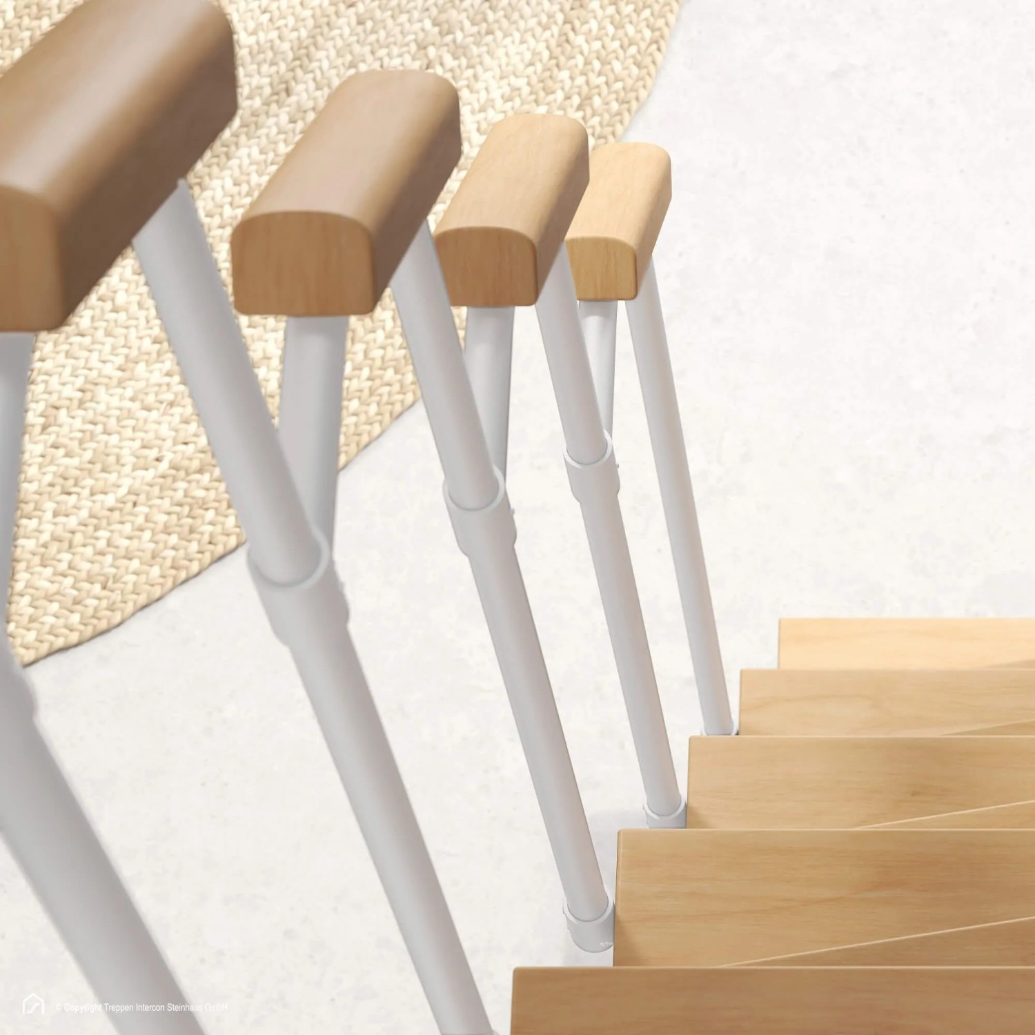 Raumspartreppe Delta Premium Buche Natur, Metall weiß, mit Geländer. Innentreppe mit Holzstufen.