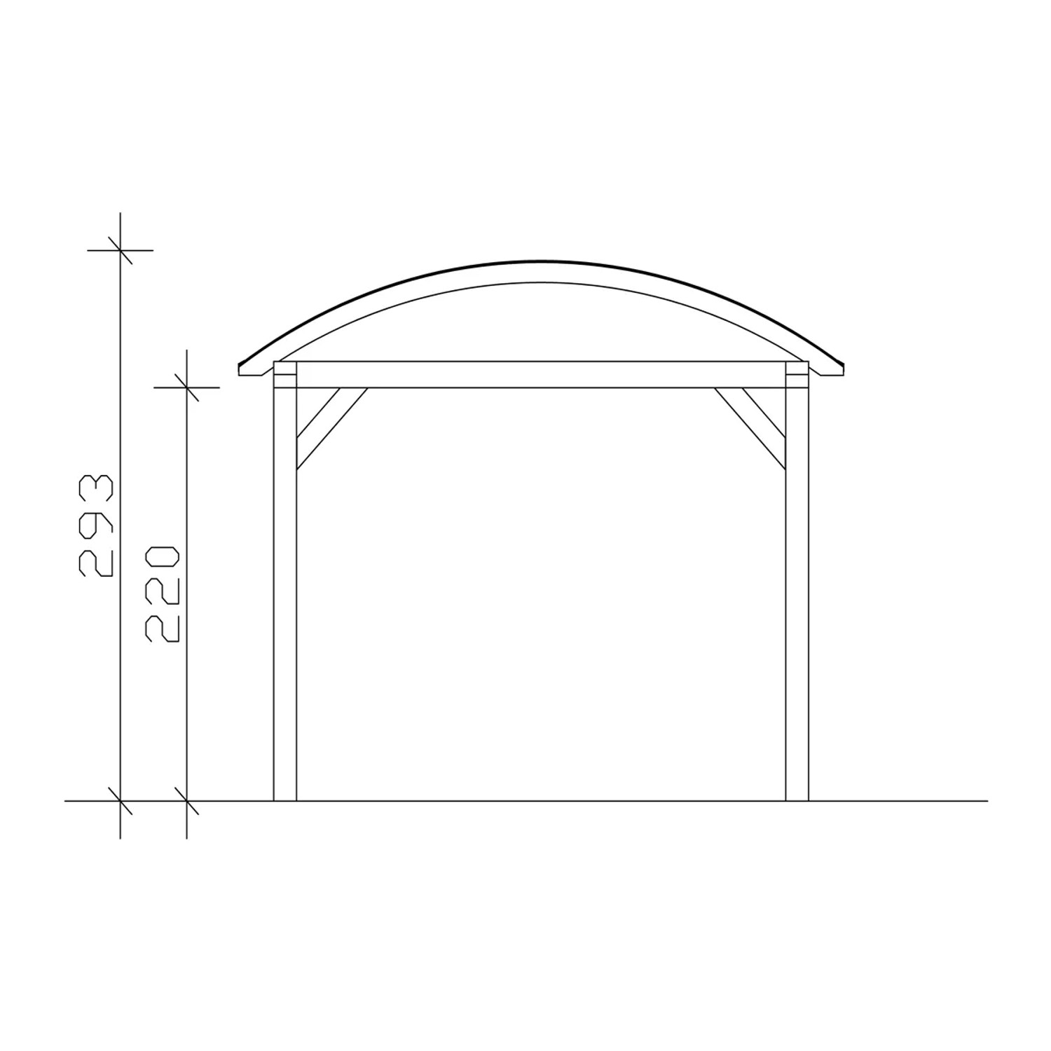 Technische Zeichnung: Skan Holz Bogendach-Carport Franken mit Maßangaben.
