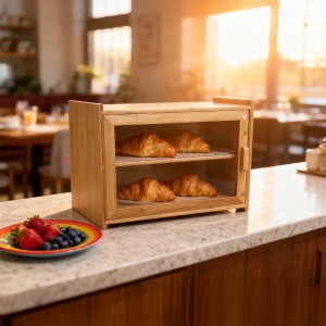 Relaxdays Brotkasten Bambus Natur 2 Etagen Sichtfenster 31 cm x 40 cm x 17,5 cm