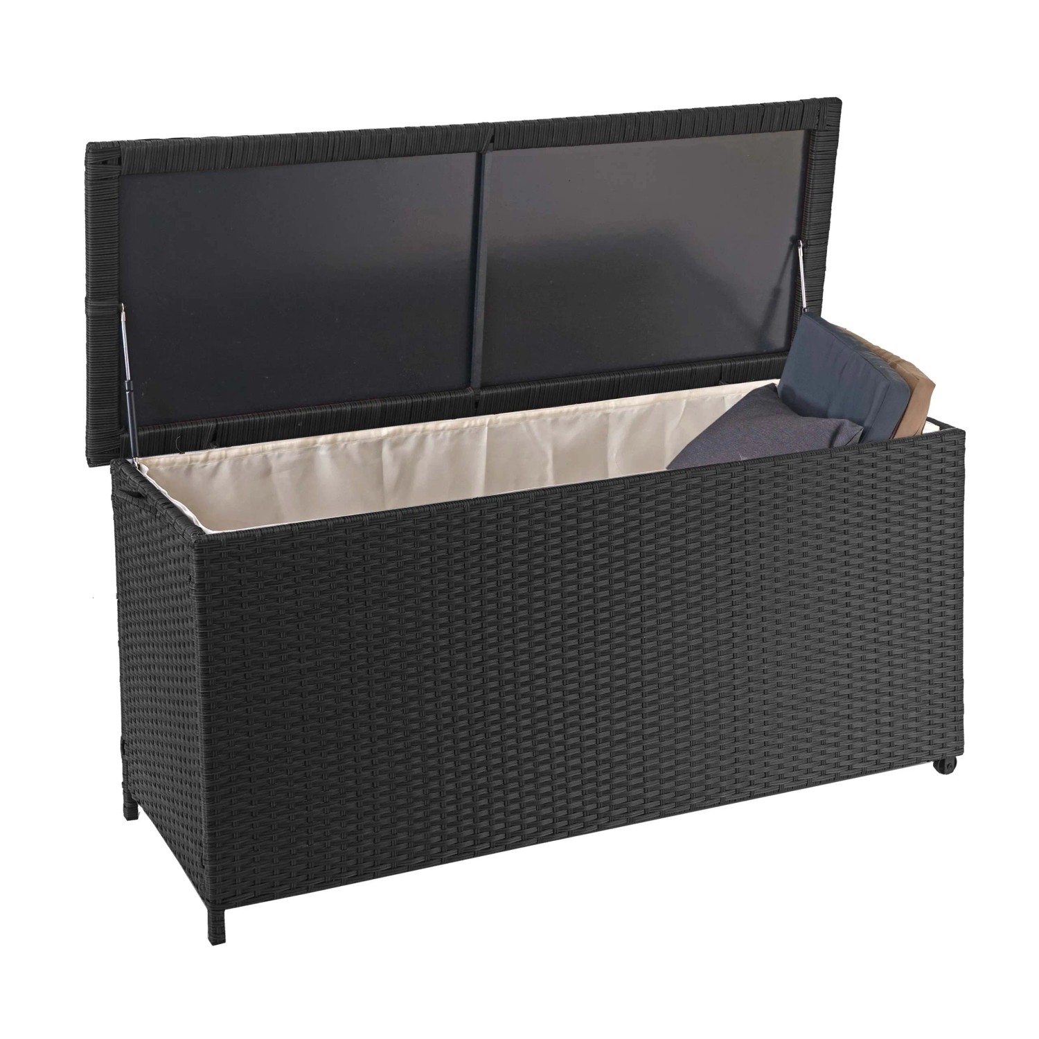 Offene, schwarze MCW Poly-Rattan Kissenbox 320l Premium mit Kissen. Aufbewahrungsbox für Gartenmöbel.