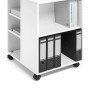 Weißer, offener Durable Multifunktionswagen/Bürocontainer mit 6 Fächern und Rollen.