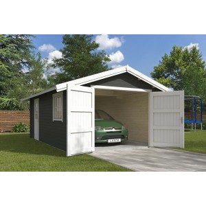 Lasita Garage Yarik, grau-grüne Fertiggarage mit geöffneten Holztoren und Auto.