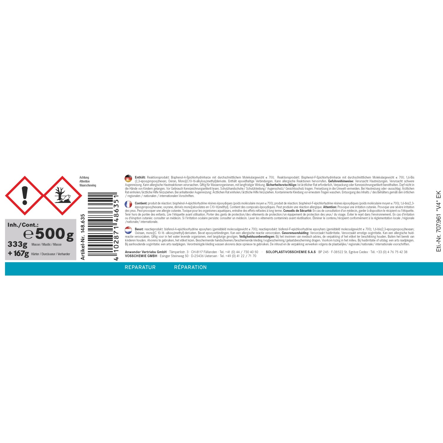Reparaturmasse, 500g Dose mit Warnsymbolen und Barcode.