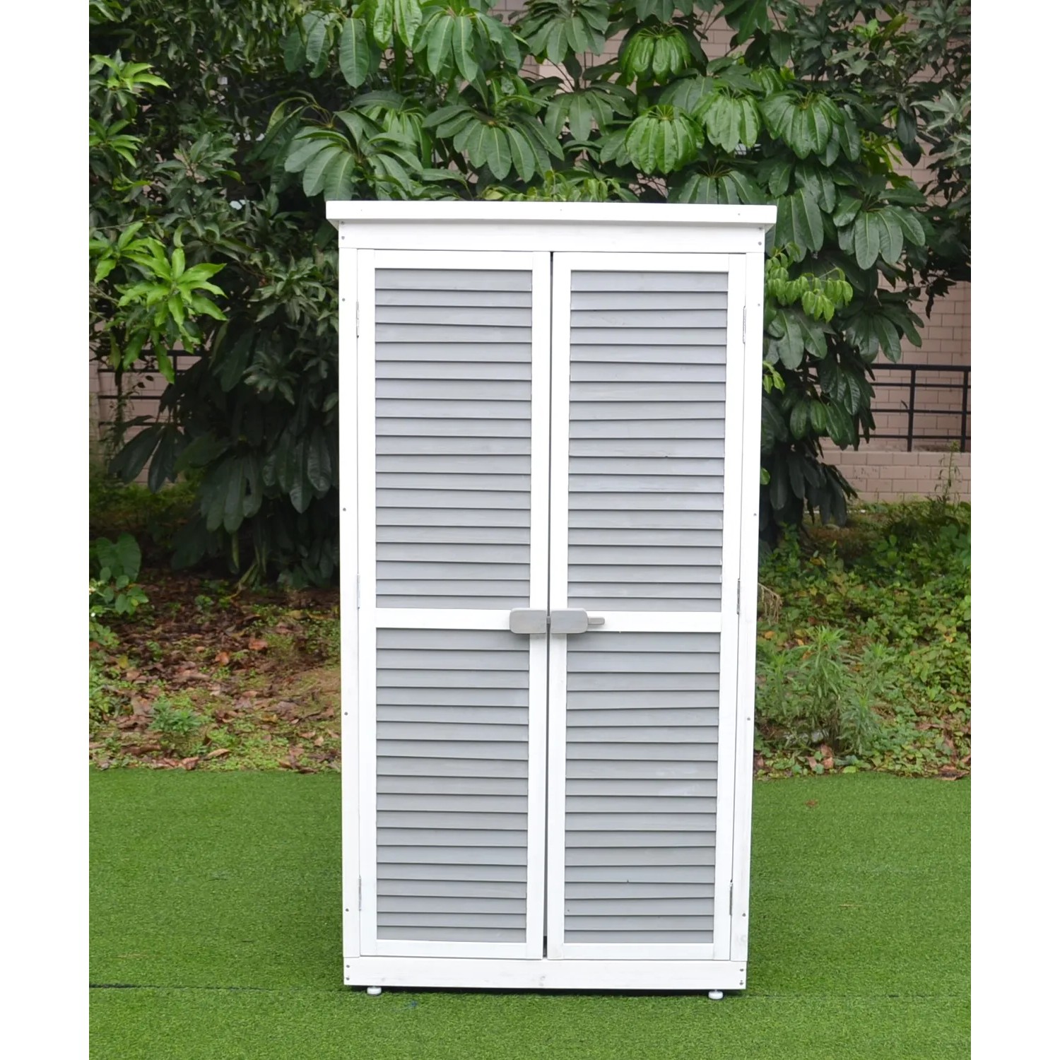 Leco Gartenschrank Momo, 160 cm, grau-weiß, mit Lamellentüren für Garten, Terrasse oder Balkon.